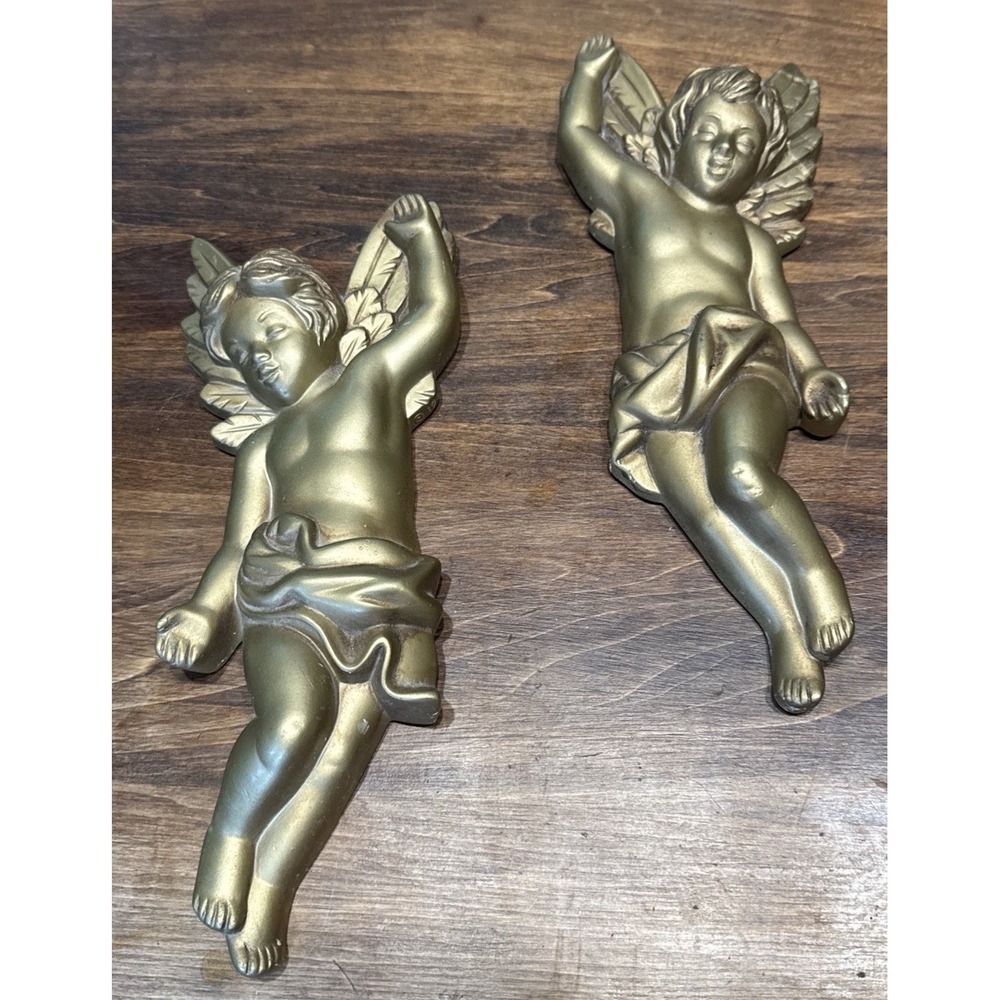 (2) Vintage Miller Studio Chalkware  Decor 1968 Gold Cherub Angel 10 7/8" As Is